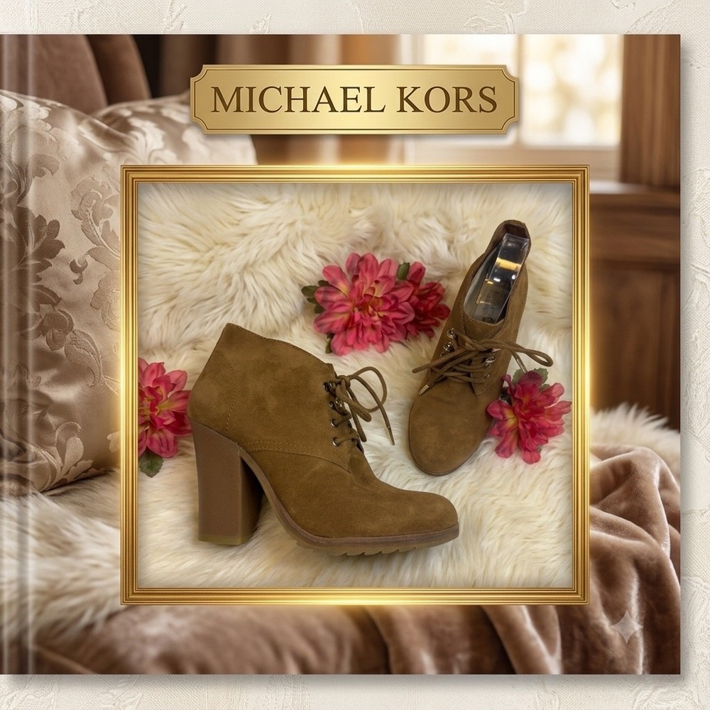 Michael Kors Tan Suede Lace Up 7 Ankle Boots Block Heel Lug Sole Gold Hardware